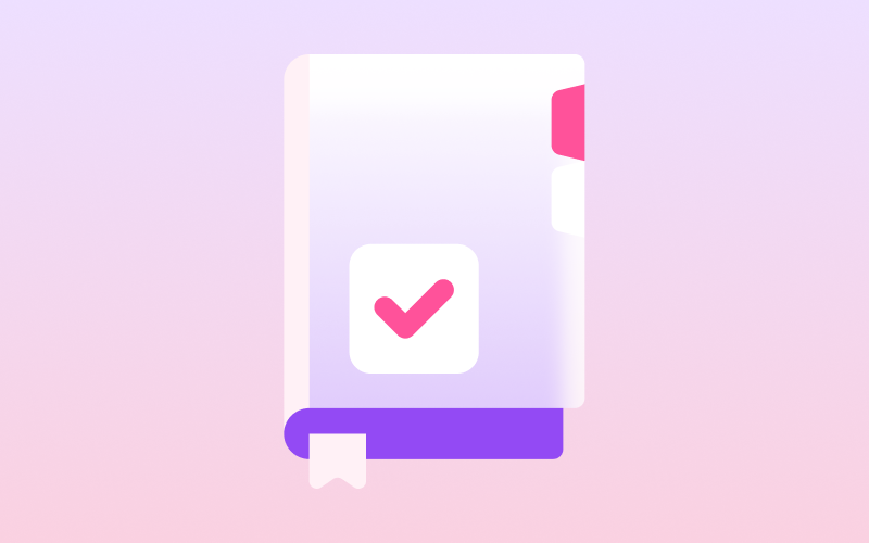 A light purple and pink graphic of a closed book with a pink checkmark icon on its cover stands upright on a pink gradient background.
