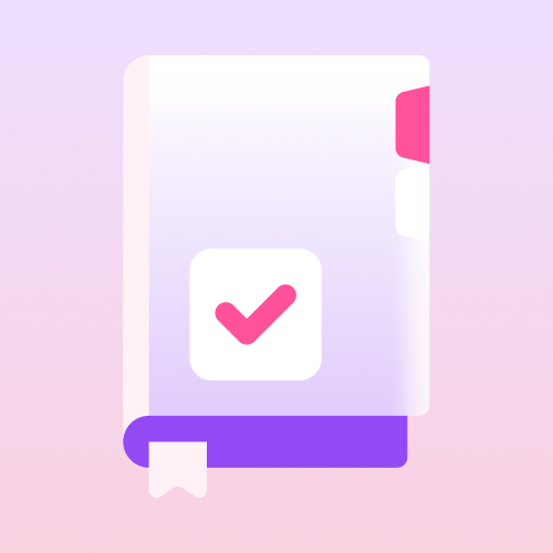 A light purple and pink graphic of a closed book with a pink checkmark icon on its cover stands upright on a pink gradient background.