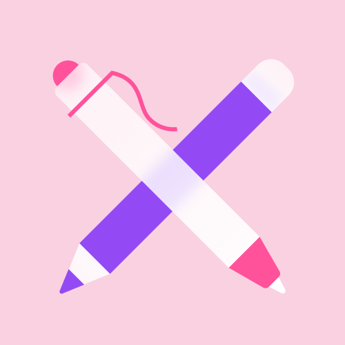 A white and pink pen crosses over a purple and white pencil on a light pink background.