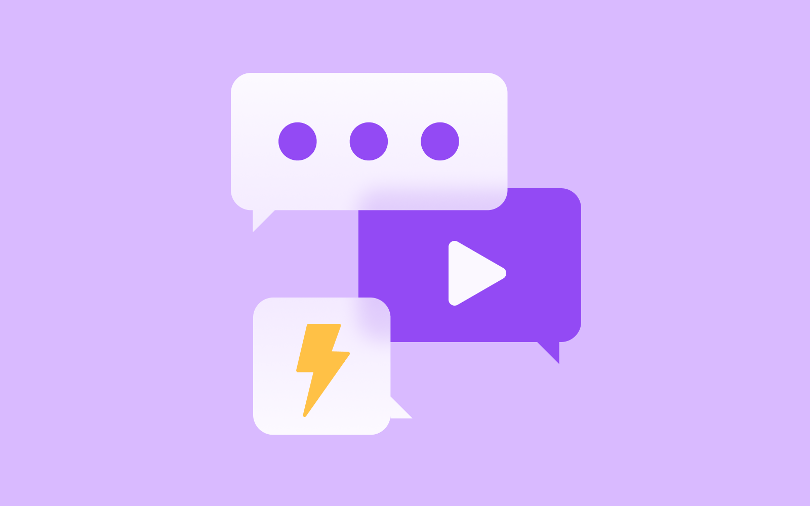 A light purple background features three overlapping chat bubbles: a white one with three purple dots, a purple one with a white play triangle, and a white one with a yellow lightning bolt.