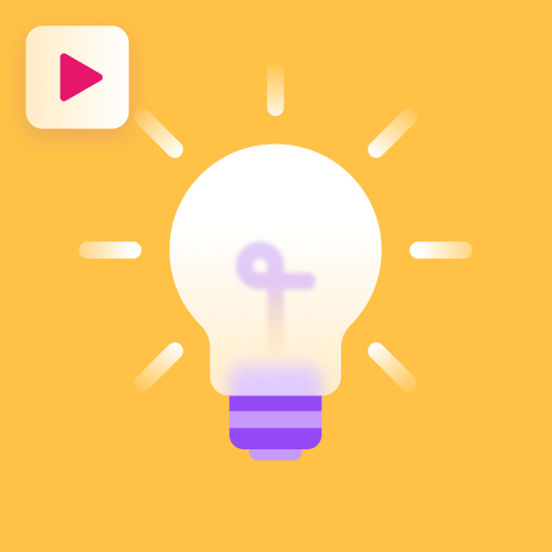 A bright lightbulb with purple accents emits rays on an orange background, with a white square containing a pink play button in the top left corner.