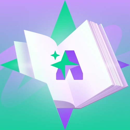 A stylized, open white book with a large purple 'A' and a green sparkle graphic floats against a background of green and purple starburst shapes.
